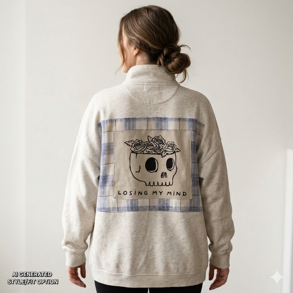OOAK Aerie Sweatshirt With Graphic Skull And Plaid Detail